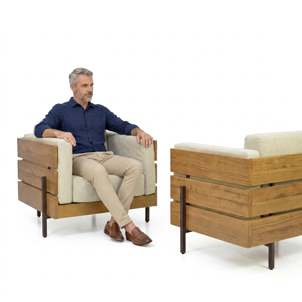 Poltrona Detroit Madeira Maciça com Estrutura Ferro Aparente