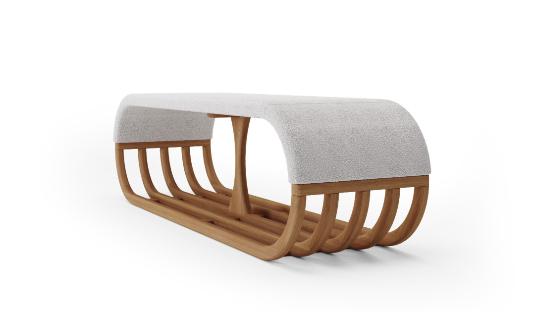 Banco Estofado com Base Ripada em Madeira Nobre - Design Contemporâneo